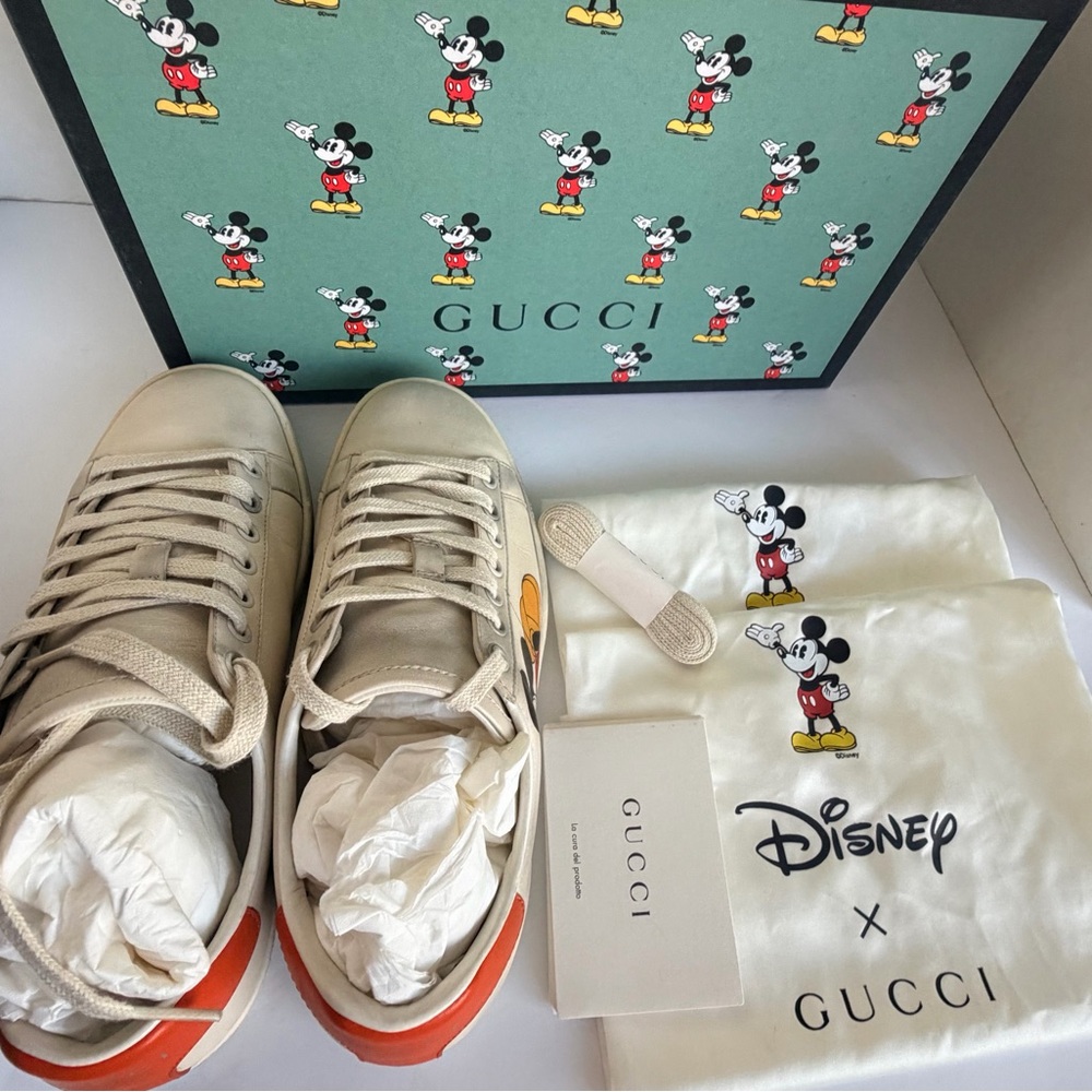 PRE - LOVED: Gucci Cream Leather Mickey Sneakers with Orange Heel - Picture 10 of 13